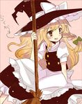  apron blonde_hair blush braid broom hara_yui hat kirisame_marisa long_hair smile solo touhou witch_hat yellow_eyes 