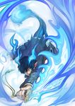  2c ao_no_exorcist black_hair blue_eyes blue_fire fire flame flaming_sword male_focus okumura_rin open_mouth pointy_ears scabbard sheath smile solo sword tail weapon 
