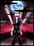  aircraft airplane alternate_costume animal_ears bandages blood bunny_ears contemporary dog_tags earth highres injury maeda_kousuke purple_hair reisen_udongein_inaba sleeves_rolled_up solo touhou windowboxed 