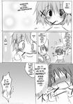  blush doujinshi food greyscale hard_translated hidamari_sketch miyako monochrome mouth_hold multiple_girls non-web_source pocky translated wide_face yuno yuri 