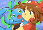  aqua_eyes bandana brown_hair gen_4_pokemon gloves green_eyes haruka_(pokemon) hug ma_(pixiv1936865) manaphy pokemon pokemon_(creature) smile 