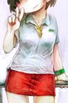  breasts crocodile crocodilian hade_na_kangofu head_out_of_frame lacoste medium_breasts original polo_shirt product_placement railing shirt short_hair smile solo standing v 