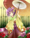  bamboo_fence dress fence floral_print flower green_dress hair_flower hair_ornament hieda_no_akyuu highres japanese_clothes kimono long_sleeves multicolored multicolored_clothes multicolored_dress oriental_umbrella purple_dress purple_eyes purple_hair rikkunia short_hair smile solo touhou umbrella yellow_dress 