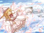  akihiyo blonde_hair blush_stickers closed_eyes cloud dress fairy_wings lily_white mountain open_mouth solo touhou wings 