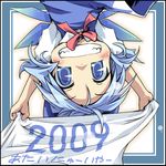  2009 arms_up blue_dress blue_eyes border cirno dress duplicate grin ham_(points) holding holding_sign ice ice_wings looking_back number puffy_short_sleeves puffy_sleeves short_sleeves sign simple_background smile solo teeth text_focus touhou upside-down white_background wings 