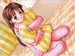  bed brown_eyes brown_hair casual_romance_club houkago_ren-ai_club pajamas pillow pillow_hug school_uniform 
