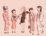  black_hair black_kimono closed_eyes cotton_candy fan floral_print flower glasses hair_flower hair_ornament hatsuse_karila hinata_yachiyo japanese_clothes kimono kirishima_rento kokudou_juunigou mask multiple_girls mutsu_honoka paper_fan pink_kimono print_kimono short_kimono short_yukata tokurei_sochi_dantai_stella_jogakuin_c3_bu uchiwa white_kimono yamato_yura yukata 