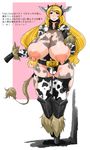  animal_ears belt blonde_hair blue_eyes breasts cow_ears cow_girl cow_print cow_tail curvy female full_body fur highres hips hooves horns huge_breasts lactation long_hair looking_at_viewer nipples no_bra puffy_nipples smile solo tail thick_thighs thighs translation_request u-ma white_background wide_hips yuuki_yuma yuumano_yuuki 