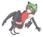  :&lt; adapted_costume animal_ears bare_shoulders black_gloves black_legwear blush brown_hair cat cat_ears cat_tail chen earrings elbow_gloves gloves hat jewelry lockheart multiple_tails red_eyes short_hair simple_background single_earring solo star tail thighhighs touhou zettai_ryouiki 