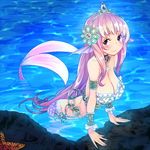  amami_amayu blue_eyes breasts cleavage hair_ornament head_fins huge_breasts jewelry long_hair mermaid monster_collection monster_girl necklace ocean pink_hair shell solo 