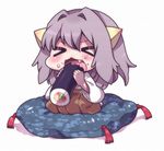  &gt;_&lt; blush chibi closed_eyes cushion eating fang food grey_hair hair_intakes hakama japanese_clothes makizushi raika_ibuki sate_hatena solo sushi utau 