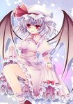  absurdres bad_id bad_pixiv_id bat_wings dress dress_lift hat highres lavender_hair mikazuki_sara red_eyes remilia_scarlet solo touhou wings wrist_cuffs 