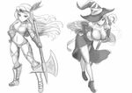  amazon_(dragon's_crown) bikini breasts circlet cleavage dragon's_crown dress elbow_gloves gloves greyscale halberd hand_on_hip hat huge_breasts large_breasts leaning_forward legs long_hair miyuki_rei monochrome multiple_girls polearm side_slit sketch sorceress_(dragon's_crown) staff strapless strapless_dress swimsuit thighs weapon witch_hat 