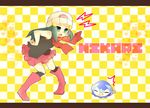  beanie blue_eyes blue_hair boots hairclip hat hikari_(pokemon) piplup pokemon scarf simple_background skirt sky_symphony_313 sleeveless 