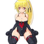  arnval black_legwear blonde_hair breasts busou_shinki cleavage dd_(ijigendd) highleg highleg_leotard large_breasts leotard long_hair pink_eyes ponytail sitting solo thighhighs wariza 