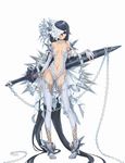  absurdly_long_hair ayaki bare_shoulders blue_hair center_opening elbow_gloves fingerless_gloves full_body gloves highres huge_weapon long_hair midriff one_eye_covered original red_eyes revealing_clothes solo sword thighhighs veil very_long_hair weapon white_gloves white_legwear 