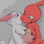  cave charmeleon female fur japanese_text kissing konopizaga!! lizard male nintendo orange_body original_character pasikon pixiv pok&#233;mon pok&eacute;mon reptile scalie straight sweat tongue video_games white_fur zangoose 