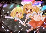  ascot bad_id bad_pixiv_id black_dress blonde_hair child dress fangs flandre_scarlet hair_ribbon hat jigatei_(omijin) multiple_girls open_mouth pointing pointy_ears red_dress red_eyes ribbon rumia side_ponytail touhou wings wrist_grab 
