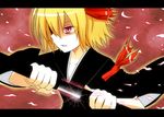  black_kimono blonde_hair bow hair_bow hair_ribbon japanese_clothes katana kimono letterboxed red_eyes ribbon rumia scabbard sheath short_hair solo sword touhou unsheathing weapon yutamaro 