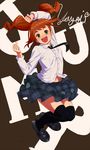  :d arm_up black_legwear brown_hair clenched_hands green_eyes idolmaster idolmaster_(classic) idolmaster_2 loafers navel necktie open_mouth over-kneehighs pettan_p plaid school_uniform shoes skirt smile solo takatsuki_yayoi thighhighs twintails 
