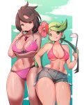  2girls absurdres alternate_costume bikini black_hair blue_background breasts brown_eyes collarbone creatures_(company) dark_skin female game_freak green_eyes green_hair hand_on_hip highres kenron_toqueen large_breasts legs_apart looking_at_viewer lychee_(pokemon) mao_(pokemon) multiple_girls navel nintendo outdoors pokemon pokemon_(game) pokemon_sm purple_bikini shiny shiny_skin short_hair side-tie_bikini skindentation sky smile solo standing sun swimsuit tongue tongue_out tree twintails 