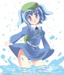  backpack bag blue_eyes blue_hair blush fa_no_hito hair_bobbles hair_ornament hat highres kawashiro_nitori key moriya_suwako no_panties open_mouth short_hair skirt skirt_lift smile solo splashing star touhou two_side_up water when_you_see_it 