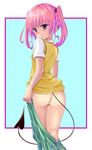  ass blush demon_tail from_behind kneepits long_hair looking_back nana_asta_deviluke no_panties orange_(meitoku) pink_hair purple_eyes skirt solo tail to_love-ru twintails undressing 