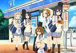  akiyama_mio bag bus_stop convenience_store day food guitar_case happy hirasawa_yui horiguchi_yukiko instrument_case k-on! kneehighs kotobuki_tsumugi lawson loafers multiple_girls nakano_azusa one_eye_closed school_bag school_uniform shading_eyes shoes shop skirt standing standing_on_one_leg sweater_vest tainaka_ritsu 