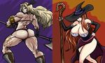 amazon_(dragon's_crown) ass barbarian blonde_hair breasts circlet dragon's_crown dress halberd hat huge_breasts long_hair multiple_girls muscle muscular_female polearm red_hair side_slit sorceress_(dragon's_crown) staff strapless strapless_dress tattoo tonda weapon witch witch_hat 