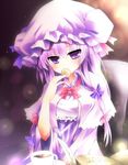  bad_id bad_pixiv_id blush bow capelet chair cookie cup eating food hair_bow hat light long_hair patchouli_knowledge purple_eyes purple_hair quill ryuji_(ikeriu) solo tea teacup touhou upper_body 