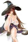  banned_artist bare_shoulders breasts brown_eyes brown_hair detached_sleeves dragon's_crown dress hair_over_one_eye hat huge_breasts long_hair nagasawa_shin simple_background sitting smile solo sorceress_(dragon's_crown) staff strapless strapless_dress witch_hat 