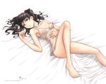 bare_shoulders barefoot bed black_hair blue_eyes breasts camisole collarbone dan_(kumadan) fate/stay_night fate_(series) legs lingerie long_legs lying nipples on_back on_bed parted_lips see-through signature small_breasts solo strap_slip toes toosaka_rin two_side_up underwear 