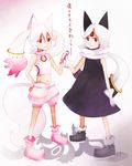  androgynous animal_ears bad_id bad_pixiv_id boots creature detached_sleeves different_shadow facial_mark forehead_mark gloves hand_on_hip juubey_(kazumi_magica) kusayusaai kyubey mahou_shoujo_kazumi_magica mahou_shoujo_madoka_magica multiple_girls navel personification red_eyes scarf silhouette standing tail translated white_hair 