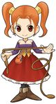  breasts cleavage corset dragon_quest dragon_quest_viii dress earrings holding holding_weapon itadaki_street jessica_albert jewelry looking_at_viewer medium_breasts official_art purple_shirt red_dress red_eyes red_hair shirt short_twintails simple_background smile solo standing strapless strapless_dress twintails weapon whip white_background 