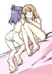  all_fours ass bad_id bad_pixiv_id barefoot blonde_hair blush darkside moriya_suwako multiple_girls panties purple_hair short_hair sitting sketch tears topless touhou underwear underwear_only white_panties yasaka_kanako younger yuri 