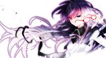  akemi_homura bad_id bad_pixiv_id eyewear_removed glasses hair_ribbon long_hair magical_girl mahou_shoujo_madoka_magica nishi_(ainshaie) purple_eyes purple_hair red-framed_eyewear ribbon simple_background solo tears upper_body 