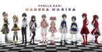  5girls abi_(01kco) akemi_homura akemi_homura_(male) black_hair blonde_hair blue_hair boots checkered checkered_floor drill_hair dual_persona genderswap genderswap_(ftm) gloves highres kaname_madoka kaname_madou long_hair magical_boy magical_girl mahou_shoujo_madoka_magica miki_saya miki_sayaka multiple_boys multiple_girls pantyhose pink_eyes pink_hair ponytail red_eyes red_hair ribbon sakura_kyouko sakura_kyousuke shoes short_hair smile thighhighs tomoe_mami tomoe_mamiya twintails weapon yellow_eyes 