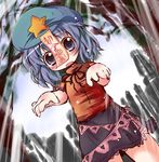  blue_eyes blue_hair blush chibi fang graveyard hat jiangshi miyako_yoshika muuba ofuda open_mouth outstretched_arms shirt skirt solo star touhou zombie_pose 