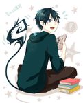  ao_no_exorcist bad_id bad_pixiv_id black_hair blue_eyes book hood hoodie male_focus manga_(object) okumura_rin pointy_ears solo tail 