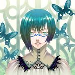  bug butterfly glasses green_eyes green_hair insect miogrobin original short_hair solo 