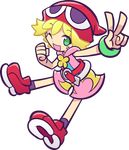  ;d amitie_(puyopuyo) blonde_hair clenched_hand full_body green_eyes hat official_art one_eye_closed open_mouth puyopuyo puyopuyo_fever shirt shoes short_hair shorts sleeveless sleeveless_shirt smile solo takenami_hideyuki transparent_background v 