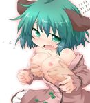  animal_ears bare_shoulders blush breast_grab breasts crying crying_with_eyes_open fang grabbing green_eyes green_hair groping kasodani_kyouko medium_breasts natsu_no_koucha nipples open_clothes open_mouth solo_focus tears touhou 