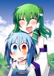  blue_eyes blue_hair blush closed_eyes cloud day detached_sleeves frog green_hair hair_ornament heterochromia kochiya_sanae long_hair multiple_girls open_mouth red_eyes ren_(733) short_hair sky smile snake sweatdrop tatara_kogasa touhou tree 