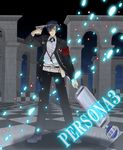  armband blue_eyes blue_hair bow checkered checkered_floor digital_media_player evoker gun gun_to_head hair_over_one_eye headphones holding holding_gun holding_weapon male_focus persona persona_3 ribbon school_uniform sign solo weapon yuuki_makoto 