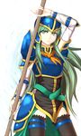  armor belt black_legwear blue_armor detached_sleeves fire_emblem fire_emblem:_akatsuki_no_megami green_eyes green_hair helmet highres long_hair md5_mismatch nephenee polearm sidelocks solo thigh_strap thighhighs uwa_taigi weapon 