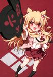  :d absurdres animal_ears black_legwear blonde_hair blush cat_ears fang foreshortening fugetsu_taku hair_ornament highres kneehighs loafers long_hair necktie open_mouth ouka_sengoku red_background red_eyes school_uniform shoes skirt smile socks solo takeda_shingen_(ouka_sengoku) uwabaki very_long_hair war_fan 