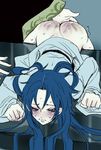  bent_over blue_eyes blue_hair blush clinched_fists clinched_hands punishment spanking sweating table tears 