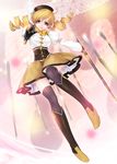  aiming_at_viewer arm_warmers beret blonde_hair blurry blush body_blush bokeh boots brown_legwear depth_of_field detached_sleeves drill_hair dual_wielding dutch_angle fingerless_gloves glint gloves gun hair_ornament hairpin hat highres holding kunishige_keiichi looking_at_viewer magical_girl magical_musket mahou_shoujo_madoka_magica perspective pleated_skirt puffy_sleeves ribbon rifle shiny shiny_skin skirt solo striped striped_legwear thighhighs tomoe_mami twin_drills twintails vertical-striped_legwear vertical_stripes weapon witch's_labyrinth yellow_eyes zettai_ryouiki 