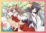  absurdres animal_ears character_request commentary copyright_request fox_ears fox_tail hair_ribbon hakama hakama_skirt highres japanese_clothes leaf leaf_on_head miko morinaga_korune multiple_girls red_hakama ribbon tail thighhighs 