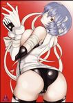  arched_back ass ayanami_rei bandage_over_one_eye bandages bdsm black_panties blue_hair bondage bound breasts cover doujinshi dress elbow_gloves from_behind gloves halterneck highres kutani large_breasts looking_back neon_genesis_evangelion non-web_source pale_skin panties red_eyes shiny shiny_clothes short_dress short_hair sideboob sleeveless solo standing thighhighs underwear white_legwear 